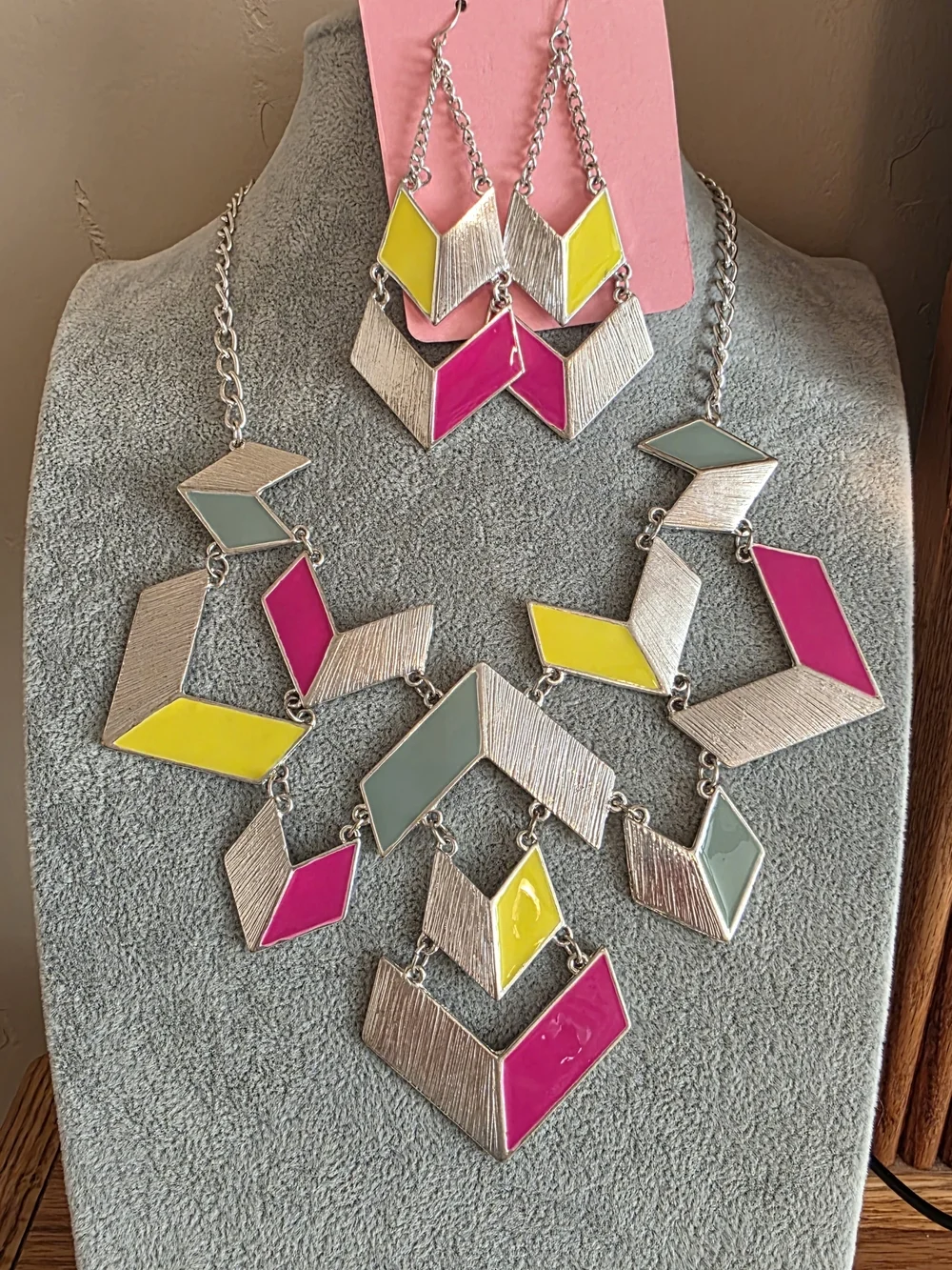 Geometric Chevron Statement Necklace & Earrings Set in Pink, Yellow & Slate Blue